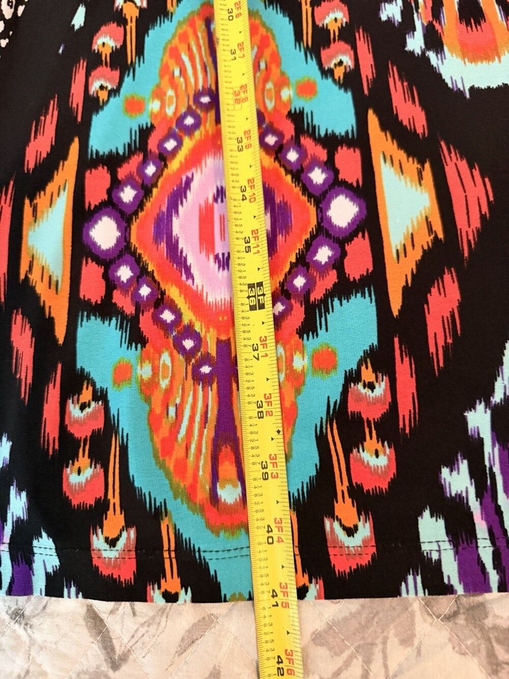 Chico’s Size 3 Ikat Tribal Print Midi Dress 3/4 Sleeve Stretch Boho Artsy - Picture 7 of 8